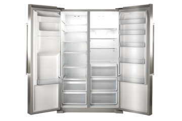 Open refrigerator interior shelves drawers isolated on a transparent background