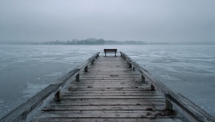 Fototapeta premium Frozen lake pier, a solitary wooden bench in the middle distance, sits on a weathered pier extending into a misty gray expanse