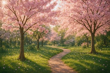 Naklejka premium Cherry blossom trees in spring park wallpaper