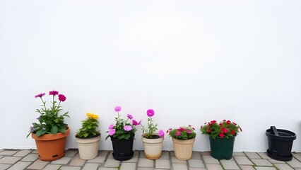 flowers in pots on the floor against white wall