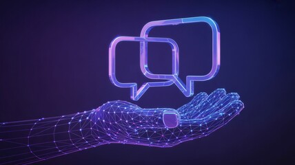 Digital communication concept with glowing speech bubbles held in a futuristic hand gesture
