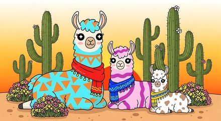 Adorable Cartoon Llamas with Scarves and Cacti in a Desert Sunset Scene