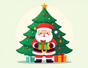 Cartoon santa claus with christmas tree