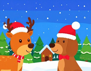 Cartoon deer and dog in winter wonderland