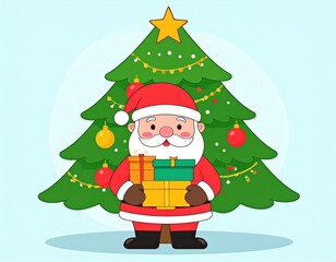 Cartoon santa claus with gifts near christmas tree