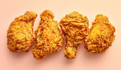 Four crispy fried chicken pieces arranged in a horizontal row against a pale pink background