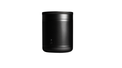 Minimalist Black Wireless Speaker.Transparent PNG. Compact smart audio device. Ideal for e-commerce and marketing visuals.