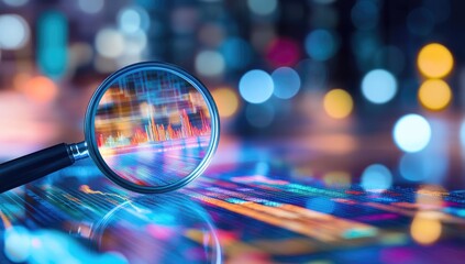 Financial data magnified by a magnifying glass.  Abstract city lights in the background