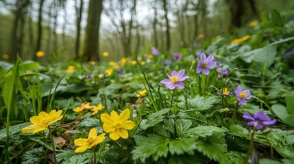 Obraz premium A vibrant forest in early spring, with bright green leaves and colorful wildflowers blooming on the forest floor.