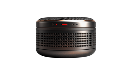 Modern Metallic Wireless Speaker. Transparent PNG.Portable audio gadget. Perfect for tech blogs and e-commerce use.