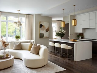 A modern, open-plan living area with a connected kitchen.