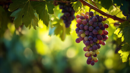Golden Grapes Hanging on Vine in Sunlit Vineyard. Ai gen.
