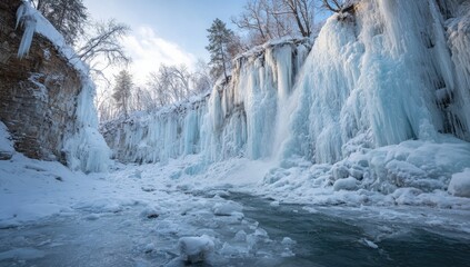 Frozen waterfall cascading down icy cliffs in a winter wonderland