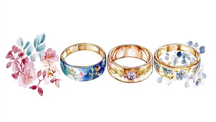 Watercolor illustration of three rings, adorned with floral and botanical details, set against a white background.  Each ring features a unique design, with enamel accents and floral embellishments. 