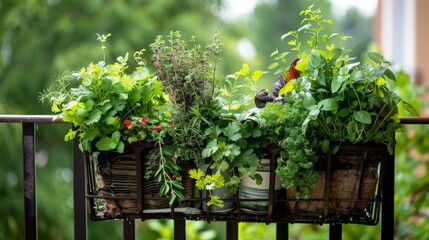 A quaint balcony garden with hanging baskets of mint sage and cilantro