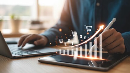 Person with a Digital Shopping Graph, e-commerce sales growth, online marketing strategy.