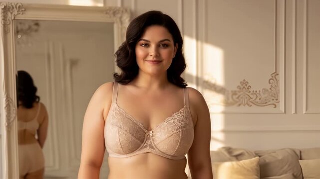 A happy plus-size woman in a beige lace bra smiling confidently in a bright room. Concept of body positivity, self-love and comfortable lingerie. Use for body positive campaigns or lingerie store