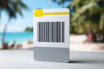 A rectangular gift card or voucher, grey and white, barcode visible, on a light surface, with a tropical beach backdrop
