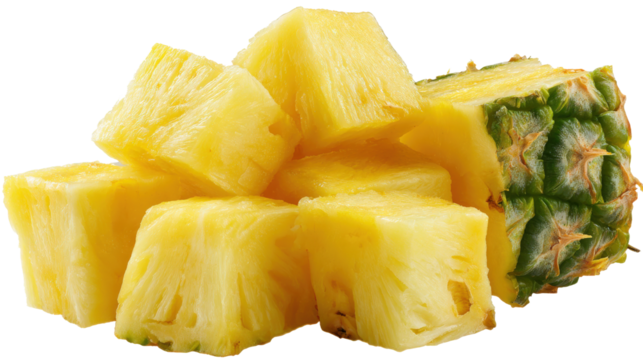 Pineapple Cuts Isolated, Raw Ananas Pieces, Comosus Tropical Fruit Chunks, Ripe Pineapple Slices isolated on a white background