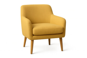 Plush yellow armchair featuring wooden legs, positioned against transparent backdrop for minimalist interior styling