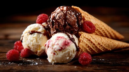 Three delicious ice cream cones featuring scoops of chocolate, strawberry, and vanilla, garnished with fresh raspberries and drizzled chocolate, perfect for summer pleasures.