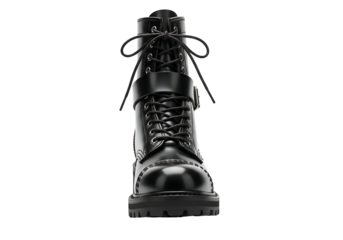 Black Leather Ankle Boot with Buckle and Laces Front View.