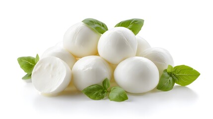 Fresh mozzarella cheese balls with basil leaves, a culinary delight. The composition is simple, highlighting the freshness and quality of the ingredients