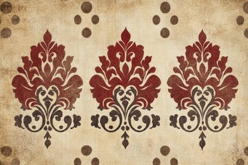 Ornate damask pattern on aged paper.  Three symmetrical, repeating motifs in maroon/burgundy and dark brown, featuring intricate scrollwork and stylized floral details.