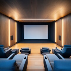 Cozy Home Theater with Wood Paneling and Blue Reclining Seats, media room, cinema