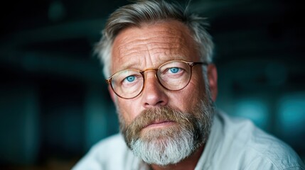 A close-up portrait of a mature man with glasses and a beard, captured in a contemplative pose, showcasing wisdom and experience with a soft, blurred background.