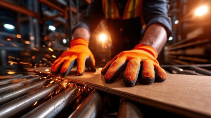 A craftsman wearing gloves focuses on cutting a metal sheet, generating sparks, showcasing craftsmanship, dedication, and the beauty of manual labor in industry.