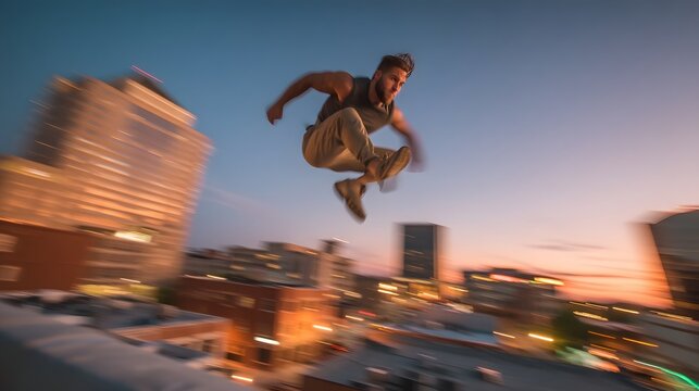 Parkour athlete mid flip between urban rooftops at twilight