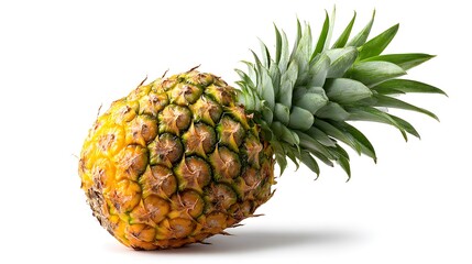 A single, fresh pineapple is displayed. It has a rough, textured rind and a crown of green leaves
