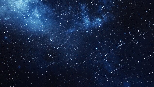 Deep space, starry night, with shooting stars.  Vast expanse of dark blue night sky, filled with countless twinkling stars and streaks of light from meteors.  Nebulous.