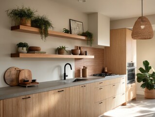 Light-filled kitchen with wooden cabinets and open shelving.