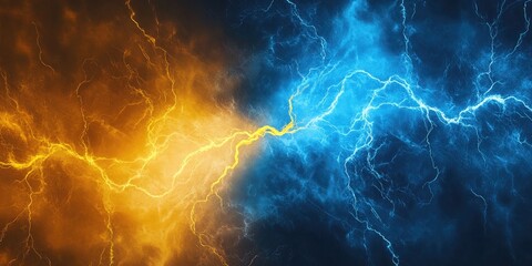 Abstract energy clash of orange and blue electrical discharges