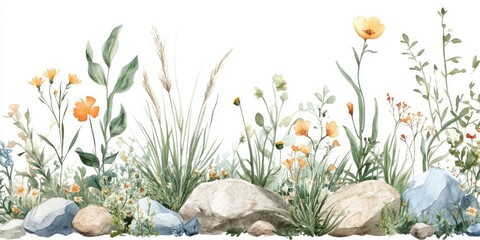 Watercolor illustration of wildflowers and grasses with rocks