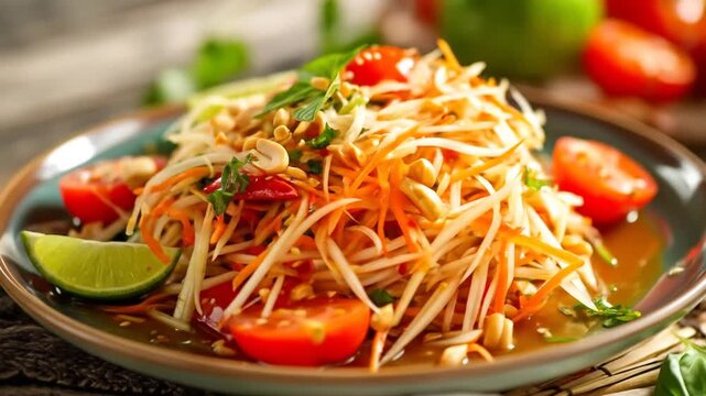 Close Up of Thai Papaya Salad with Tomatoes and Peanuts on a Green Plate with Wooden Background and Fresh Lime Slices