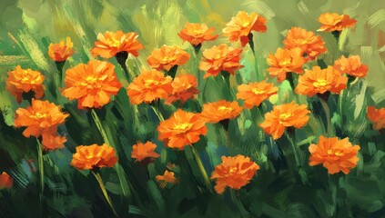 Orange flowers in a grassy field, painterly style