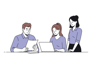 Team collaborating on project with laptop and documents in office vector