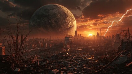 Ruined cityscape under a dramatic sunset.