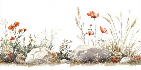 Watercolor illustration of wildflowers and grasses bordering rocks.  A horizontal display of various orange and light brown wildflowers, tall grasses, and gray rocks against a white background.  