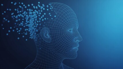Abstract digital human head with data flowing out, futuristic AI concept, technology background
