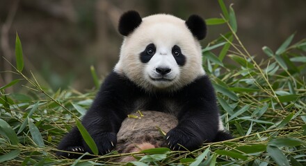 愛らしいパンダ 緑葉の中で穏やかに微笑む 優しい光に包まれて. AI Generated