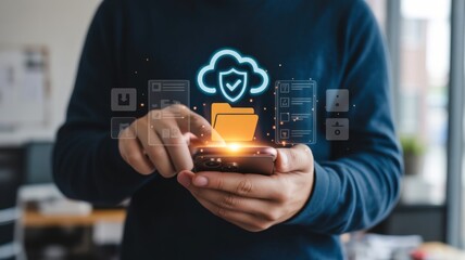 Person with a Cloud Security App, digital data protection and online storage.