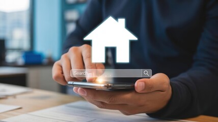 Person with a House Search App, real estate market and property search, home buying.