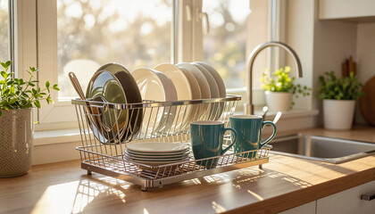 Dish drying rack with cups and plates on a kitchen countertop in natural light