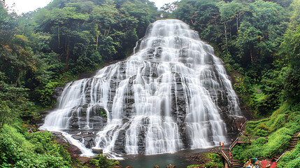 Breathtaking waterfall flowing gracefully over rocks with surrounding lush greenery and serenity