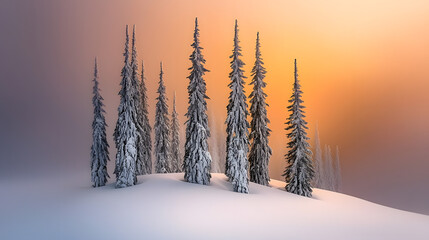 Serene snowy landscape featuring tall trees blanketed in fresh snow under a blue winter sky
