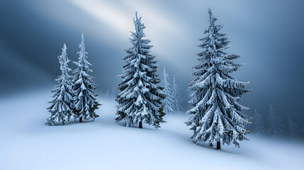 Enchanting snowy scene depicting three trees standing proudly amidst a blanket of sparkling snow